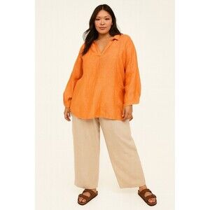 Tahari Tunic Top Womens 2X Orange  100% Linen Popover Lagenlook Coastal Beach